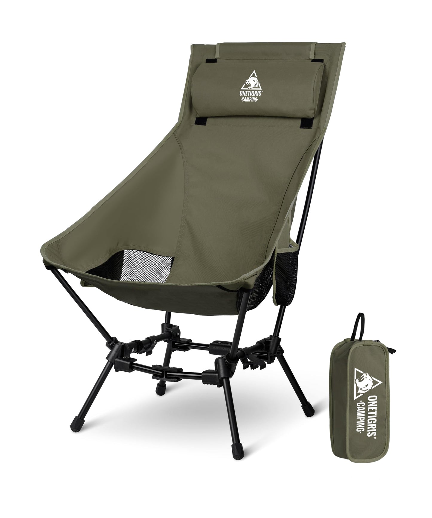 OneTigris DRAGONHIDE camping chair high backrest foldable 125 kg, foldable camping chair lightweight, foldable fishing chair with 2 side pockets, ultralight folding chair for outdoor, hiking (Ranger Green)