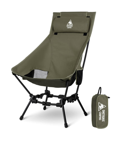 OneTigris DRAGONHIDE camping chair high backrest foldable 125 kg, foldable camping chair lightweight, foldable fishing chair with 2 side pockets, ultralight folding chair for outdoor, hiking (Ranger Green)
