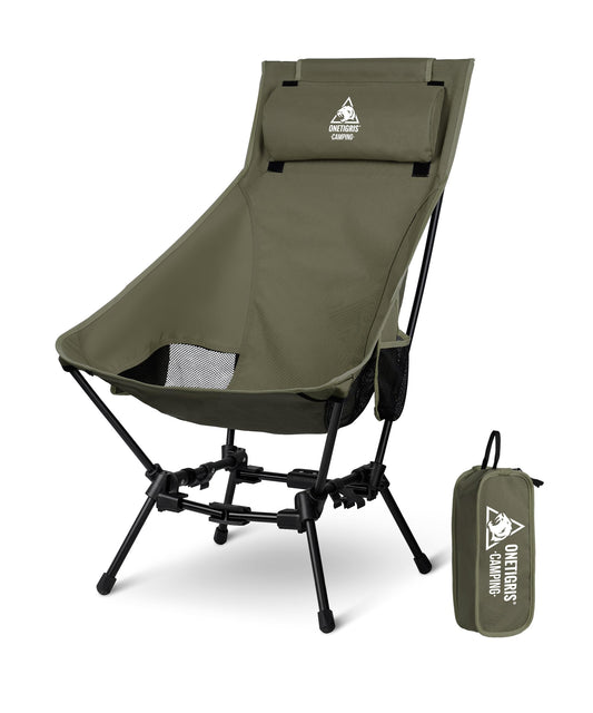 OneTigris DRAGONHIDE camping chair high backrest foldable 125 kg, foldable camping chair lightweight, foldable fishing chair with 2 side pockets, ultralight folding chair for outdoor, hiking (Ranger Green)