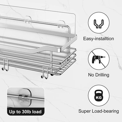 Orimade shower caddy without drilling with soap dish and 5 hooks - shower shelf for the shower bathroom, kitchen shelf organizer soap dish - adhesive shower caddy without drilling - stainless steel - 3 pack