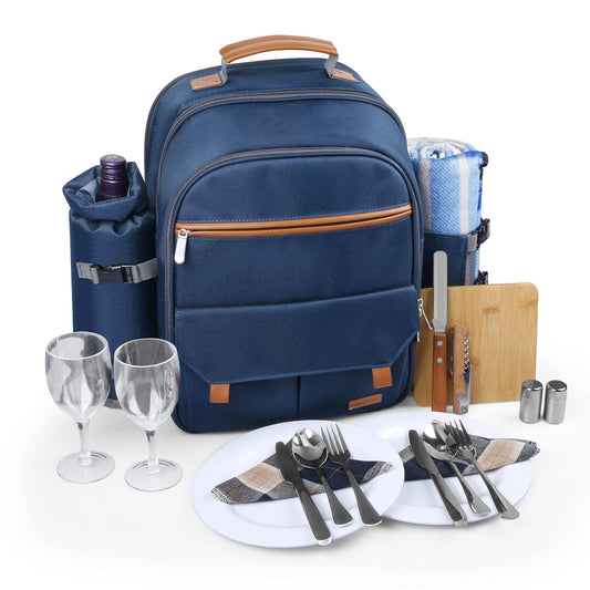 Sunflora Picnic Backpack Set for 2 with Insulated Cooling and Blanket, 2 Person Picnic Basket for Family Camping Outdoor (Navy)