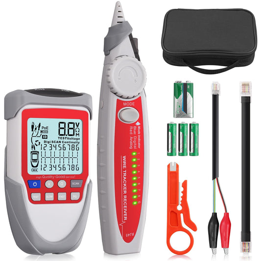 XUNTOP Wire Tracker Cable Finder LCD Network Cable Tester with POE Test Network Testing Tool Network Cable Tester with Storage Bag Support Network Cable CAT5, CAT5e, CAT 6, CAT 7 CAT 8