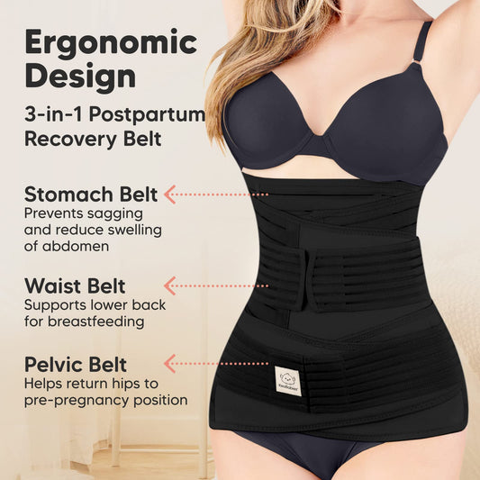 KeaBabies Revive 3 in 1 Postpartum Belt for Women - Belly Wrap After Birth C-Section, Recovery Belt After Birth, Belly Band After Birth, Pregnancy Belly Wrap (Midnight Black, M/L)