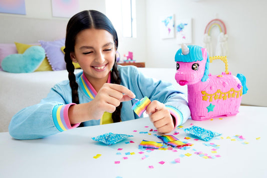 Polly Pocket dolls and playset with animals and over 25 surprise accessories, Unicorn Partyland playset for birthdays, hot air balloon ride, HYD96
