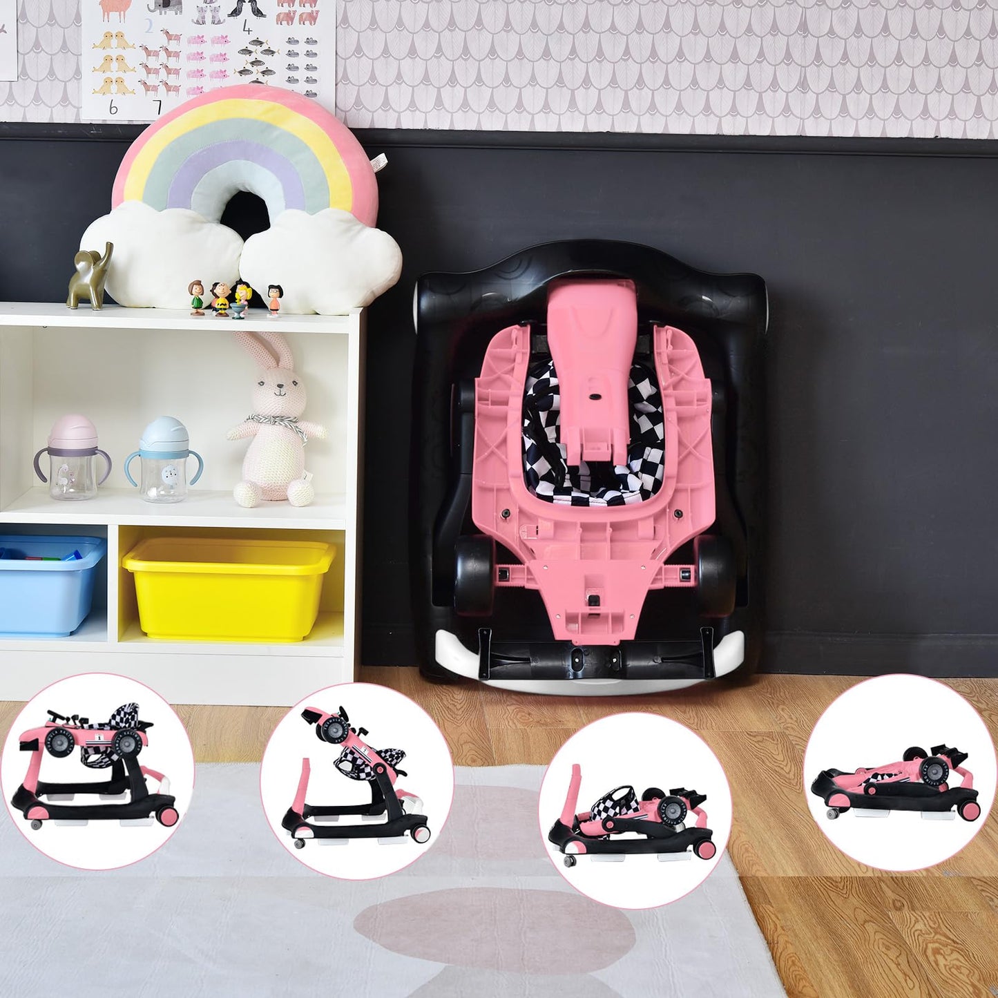 LIFEZEAL 4-in-1 baby walker, height-adjustable & foldable, suitable for babies from 6 months, with adjustable speed, light & music features (pink).