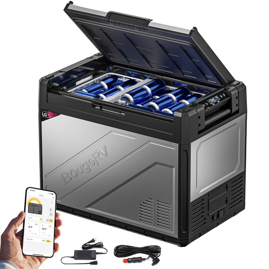 BougeRV Rocky2 65L car cooler 12V 230V with 5.7cc compressor cooler Dual Zone with freezer compartment APP control Removable partition, car fridge 12/24V camping travel boat fishing Cools down to -20°C.
