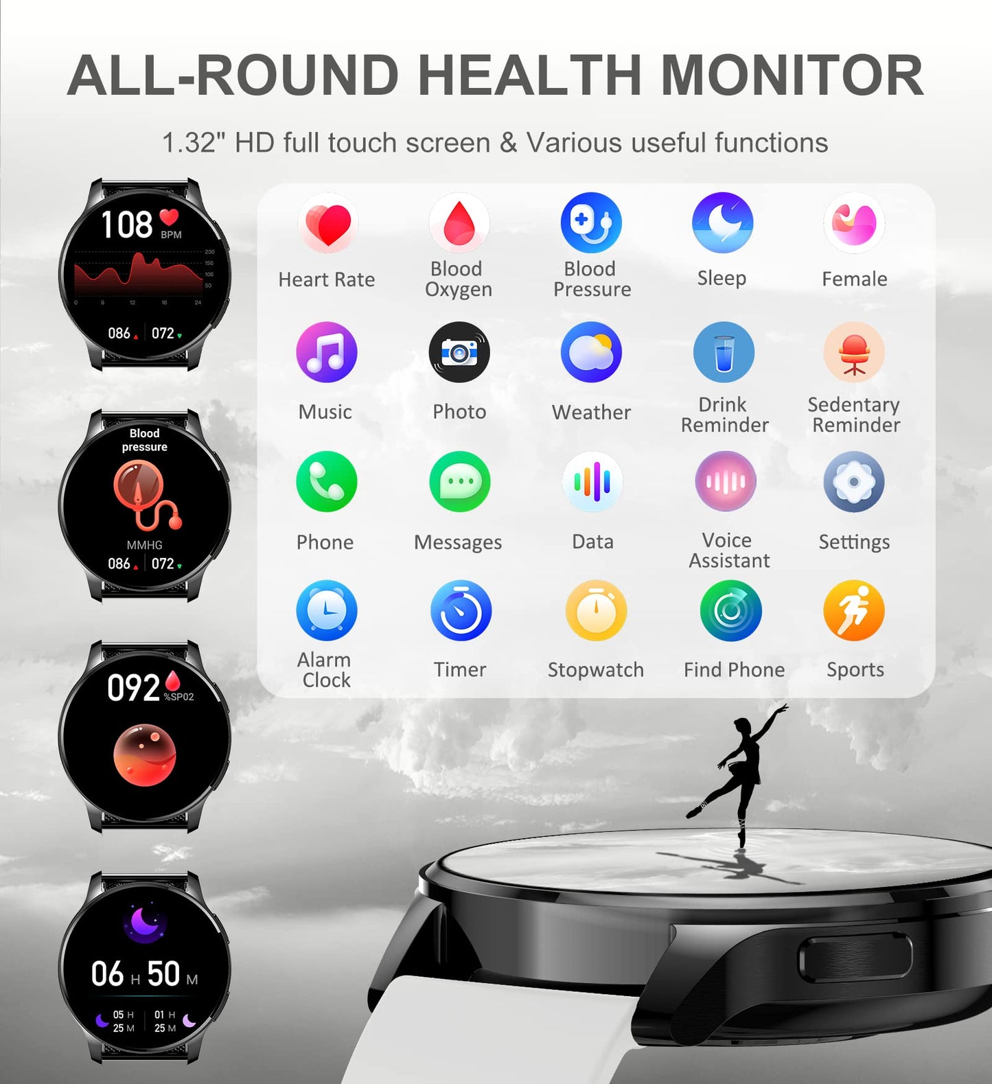 Smartwatch for women and men with phone function, 1.32 inch HD full touchscreen, smartwatch with SpO2 pulse monitor, menstrual cycle tracker, sleep monitor, step counter, and calorie tracker.