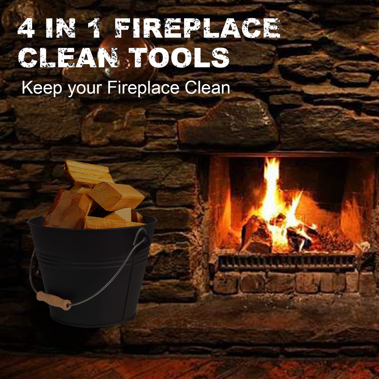 BRIAN & DANY ash bucket with lid, Round coal bucket for fireplaces, 5L bucket with shovel and hand broom, Tool set accessories for fireplace, fire pit, wood stove.