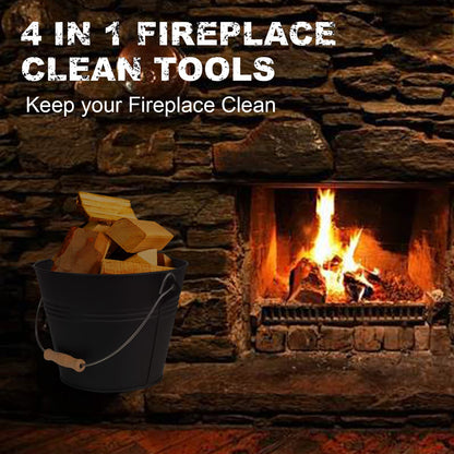 BRIAN & DANY ash bucket with lid, Round coal bucket for fireplaces, 5L bucket with shovel and hand broom, Tool set accessories for fireplace, fire pit, wood stove.