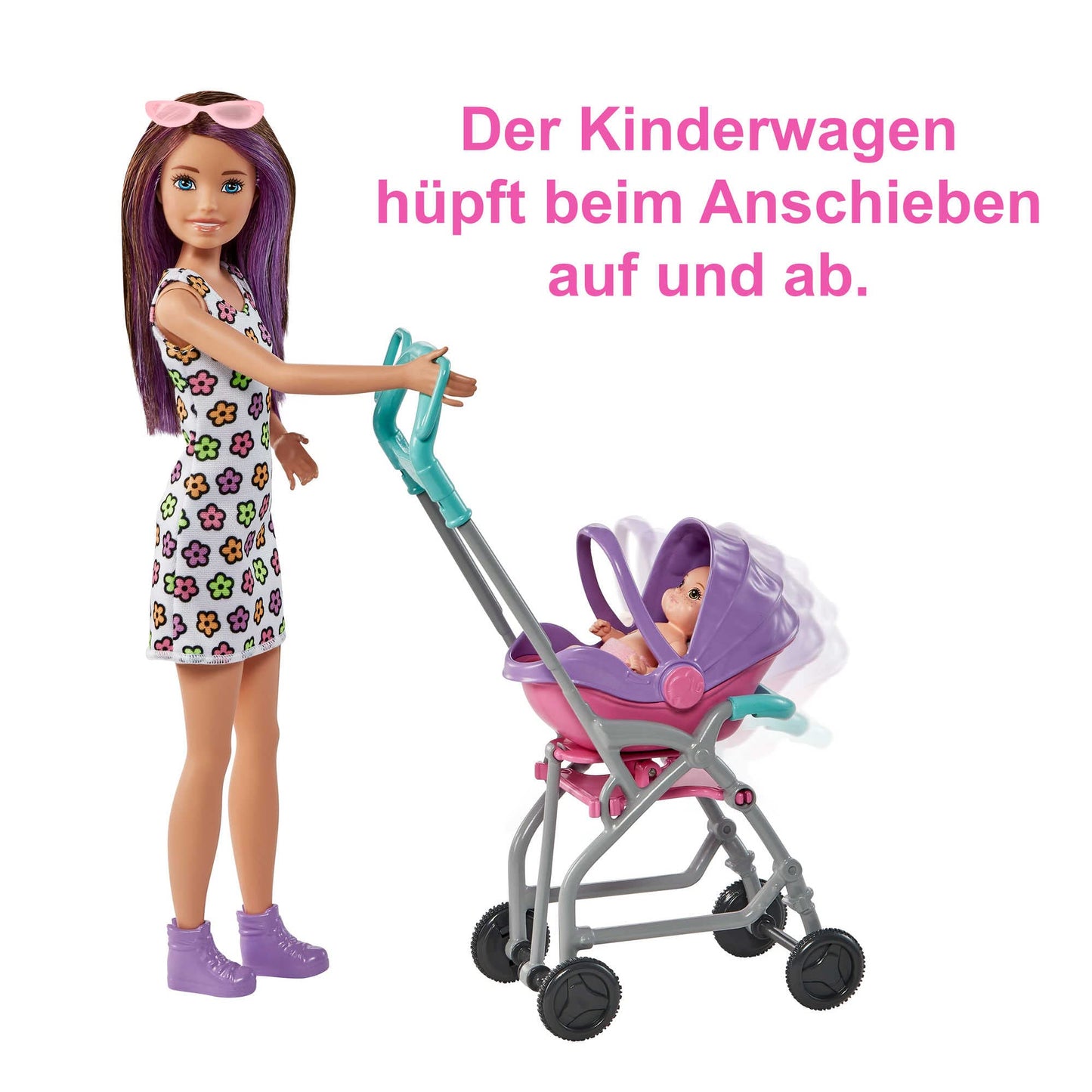 Barbie Skipper Babysitter Inc, Skipper with brown and purple hair, baby, stroller, baby carrier, accessories, total of 2 dolls, gift for kids, toy for ages 3+, GXT34