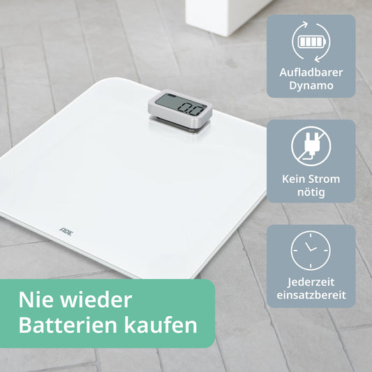 ADE Digital Personal Scale without Batteries | Environmentally friendly battery-free scale with dynamo | Sustainable body weight scale | up to 150kg | White