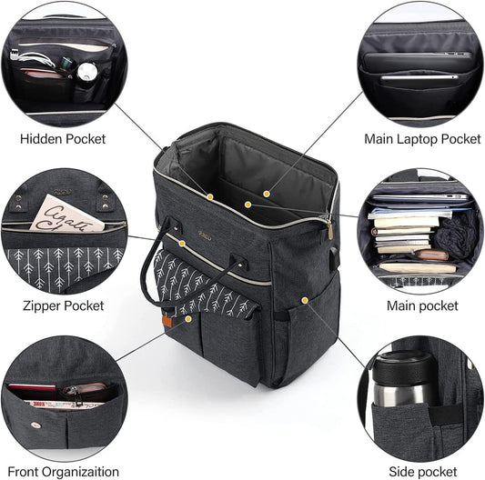 Women's backpack, 15.6-inch laptop backpack with USB charging port for work, hiking, travel, camping. Made of Oxford fabric.