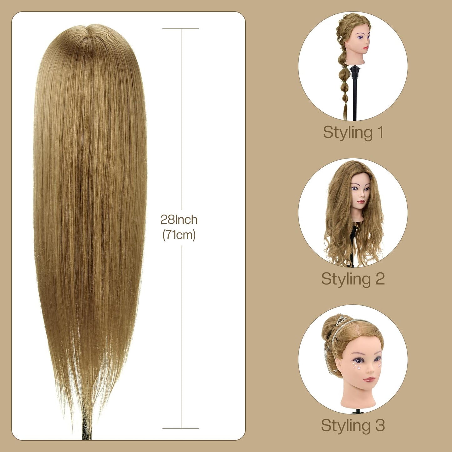 Neverland Hairstyling Head, 28 Inch 60% Real Human Hair Mannequin Head for Hairdressing with Table Clamp + DIY Hair Styling Tools Set (Gold)