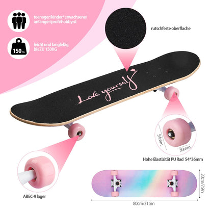 ILAHUI skateboard for teens, girls, kids, adults, beginners, 7 layers of maple wood, deck, 80 x 20 cm, bag, skateboard, rainbow powder