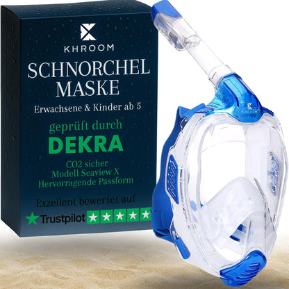 Khroom snorkel mask for adults & kids with DEKRA-tested CO2 safety | Full-face Sea view X dive mask | Snorkeling gear/ set alternative (S/M, Light Blue)