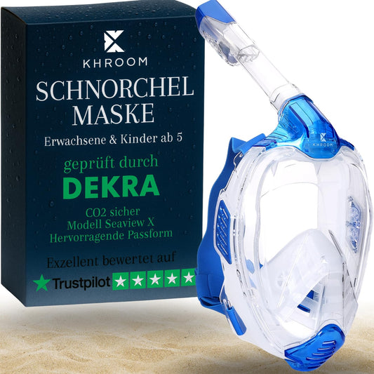 Khroom snorkel mask for adults & kids with DEKRA-tested CO2 safety | Full-face Sea view X dive mask | Snorkeling gear/ set alternative (S/M, Light Blue)
