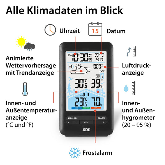 ADE weather station with radio control, outdoor sensor, and radio alarm clock. Includes ventilation recommendation, hygrometer, thermometer, 2 alarms, animated weather forecast, snooze function, and LCD color display.