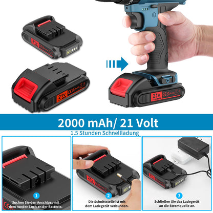 Bogseth 21V cordless drill set, with 112PCS tool kit, 45 N.m max torque, 2 x 2000mAh batteries, 2-speed, 25+3 torque settings, LED light, for home and garden DIY projects.