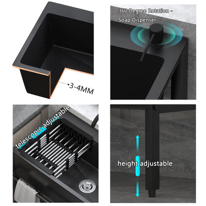 Stainless Steel Standalone Kitchen Sink in Black, with Drainboard for Kitchen Utensils. Great for Kitchen Organization and Storage. Size: 60"