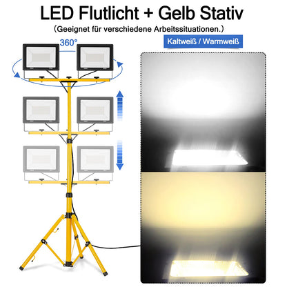 VA-Cerulean 2x 200W Warm White LED construction lights with tripod, floodlights for indoor and outdoor use with 3m power cable, IP66 waterproof work lights, yellow telescopic tripod, for construction sites, garage, garden.