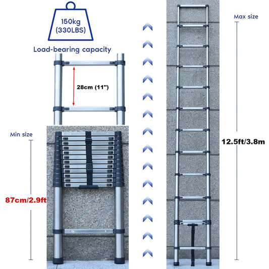 3.8M Telescoping Stainless Steel Ladder Folding Extension Ladder Step Ladder Non-slip, Telescopic design, made of high quality stainless steel, Portable, Lightweight, 150kg load capacity