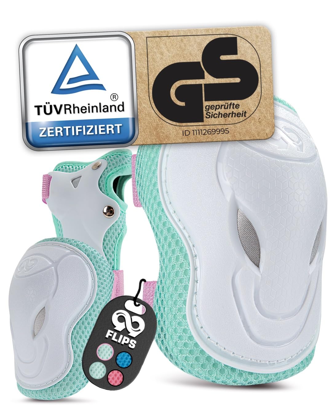 99FLIPS Knee Pads for Kids with GS [6 Pack] - GRIND - S/M Pink Mint - Inline Skating Knee Pads for Children - Knee and Elbow Protectors with Knee and Elbow Guards - Skating Protectors.