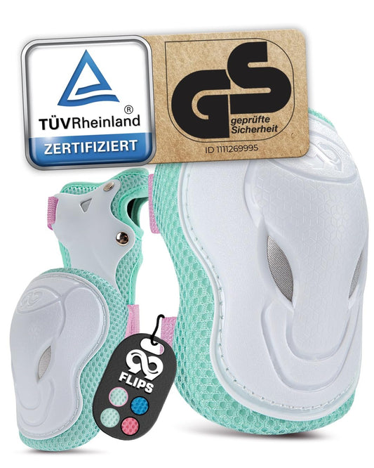 99FLIPS Knee Pads for Kids with GS [6 Pack] - GRIND - S/M Pink Mint - Inline Skating Knee Pads for Children - Knee and Elbow Protectors with Knee and Elbow Guards - Skating Protectors.