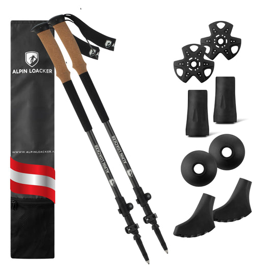 ALPIN LOACKER Telescopic hiking poles made of aluminum and carbon with cork grip I Lightweight Nordic walking sticks for women and men for skiing and hiking I Trekking poles for mountaineering, light grey