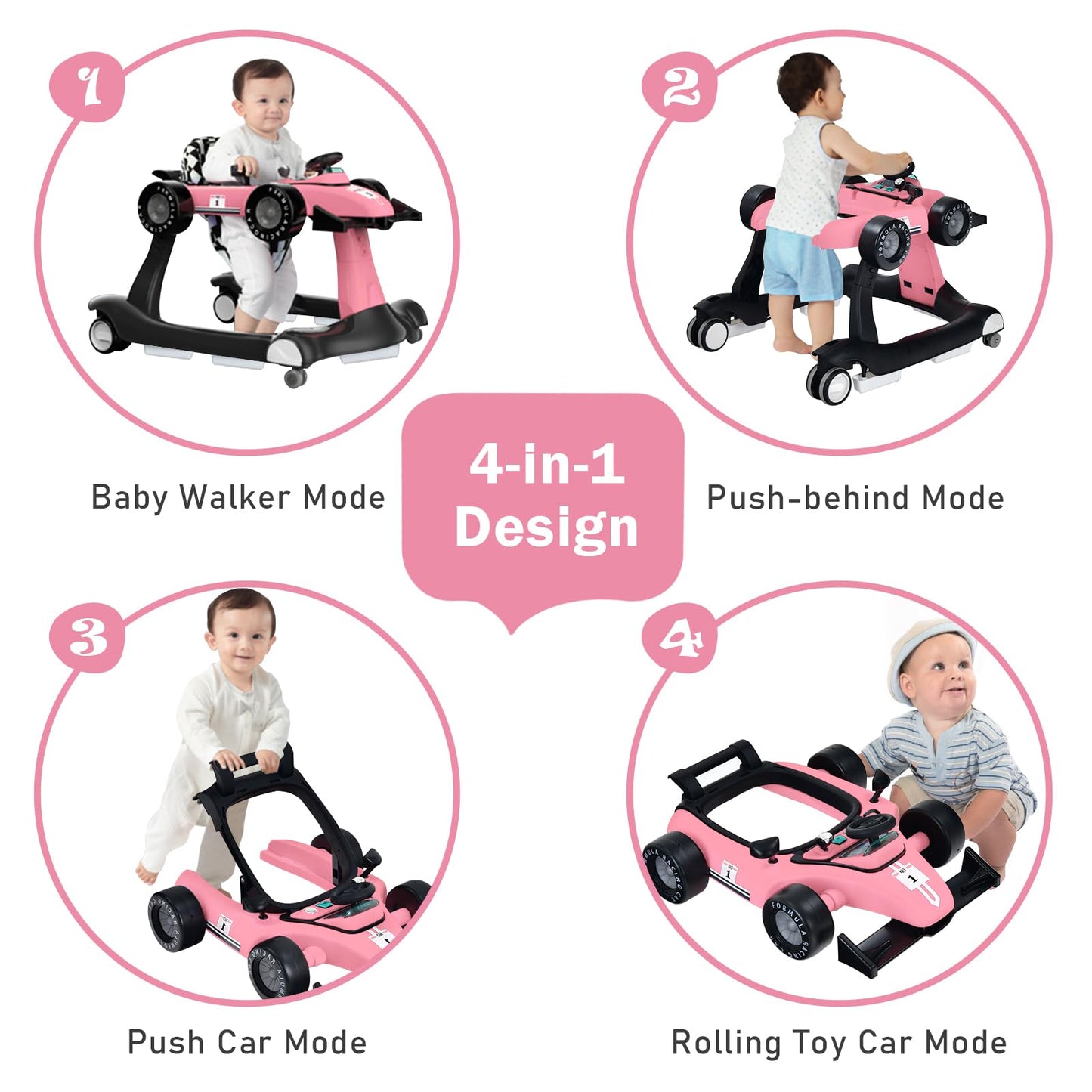 LIFEZEAL 4-in-1 baby walker, height-adjustable & foldable, suitable for babies from 6 months, with adjustable speed, light & music features (pink).