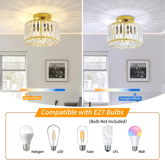 FRIDEKO HOME Modern Crystal Ceiling Light Black 4-Light Large Round Chandelier Crystal Lampshade Metal Ceiling Light E27 for Bedroom Living Room (Ø22cm-Gold)