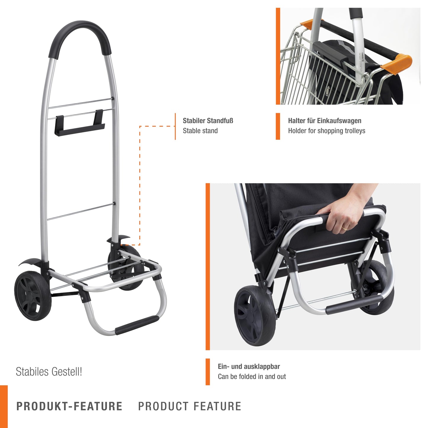 Master Shopping Trolley Black, 54 + 5 L - Foldable shopping cart with large wheels & cooler compartment - Detachable, waterproof bag - With hook for shopping cart