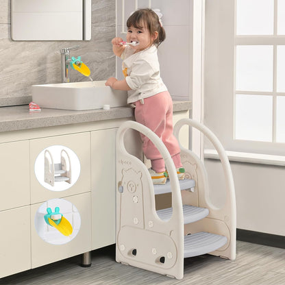 Onasti Kids Step Stool, Three-Step Height Adjustable Toddler Step Stool with Comfortable Handrail, Multi-Functional, Anti-Slip, Suitable for Ages 1.5 to 6 Years - (Grey)