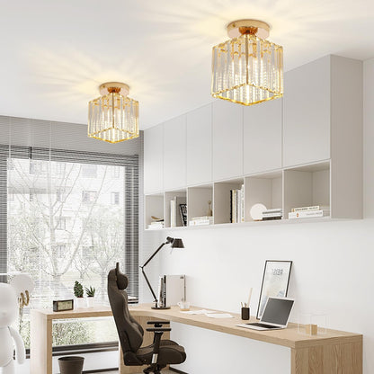 Sxtiger Modern Crystal Ceiling Light, Mini Golden Crystal Ceiling Lamp E27 Square Lampshade Crystal Chandelier, For Hallway Entrance Kitchen Bedroom Living Room Light (Gold)