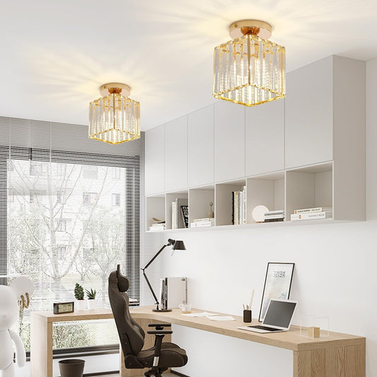 Sxtiger Modern Crystal Ceiling Light, Mini Golden Crystal Ceiling Lamp E27 Square Lampshade Crystal Chandelier, For Hallway Entrance Kitchen Bedroom Living Room Light (Gold)