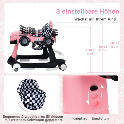 COSTWAY 4 in 1 walker, foldable and adjustable height & speed baby walker shaped like a car with music box, lights & wheels for babies 6 months and up, maximum weight 12kg (Pink)