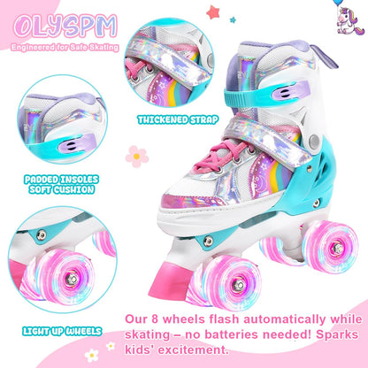 OLYSPM Kids Roller Skates Adjustable Ladies Roller Skates, LED Roller Skates and 4 Sizes Adjustable, Roller Skates with Storage Bag for Girls, Boys and Beginners (Pink)