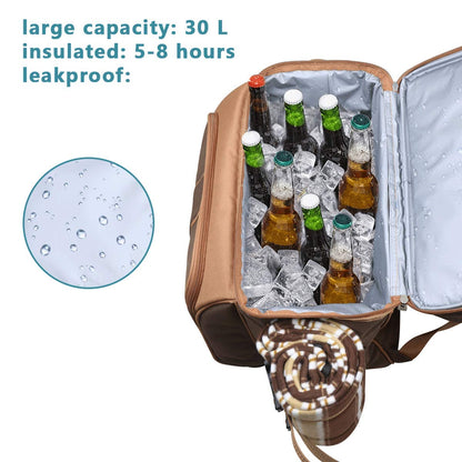 Hap Tim picnic backpack cooler for 2 people with insulated leak-proof cooler bag, wine holder, fleece blanket, cutlery set, perfect for beach, day trips, hiking, camping.