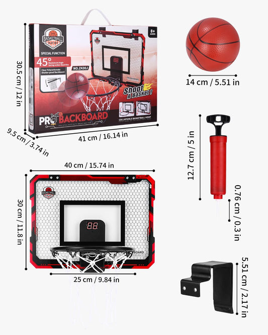Indoor basketball hoop for kids. Wall-mounted in-room basketball hoop with electronic scoreboard, 4 balls, and air pump. Basketball hoop set for boys' sport toy, for outdoor and indoor use.