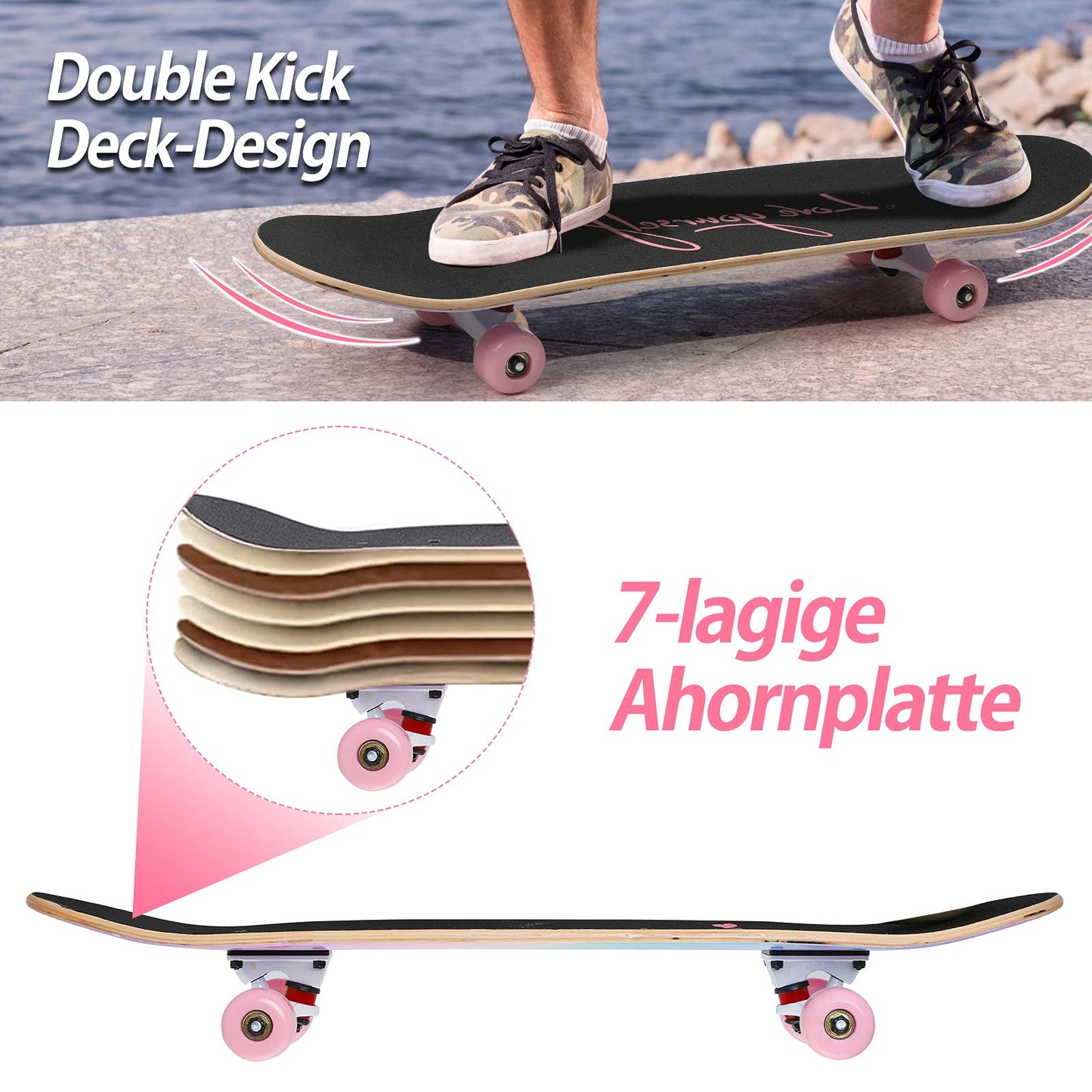 ILAHUI skateboard for teens, girls, kids, adults, beginners, 7 layers of maple wood, deck, 80 x 20 cm, bag, skateboard, rainbow powder