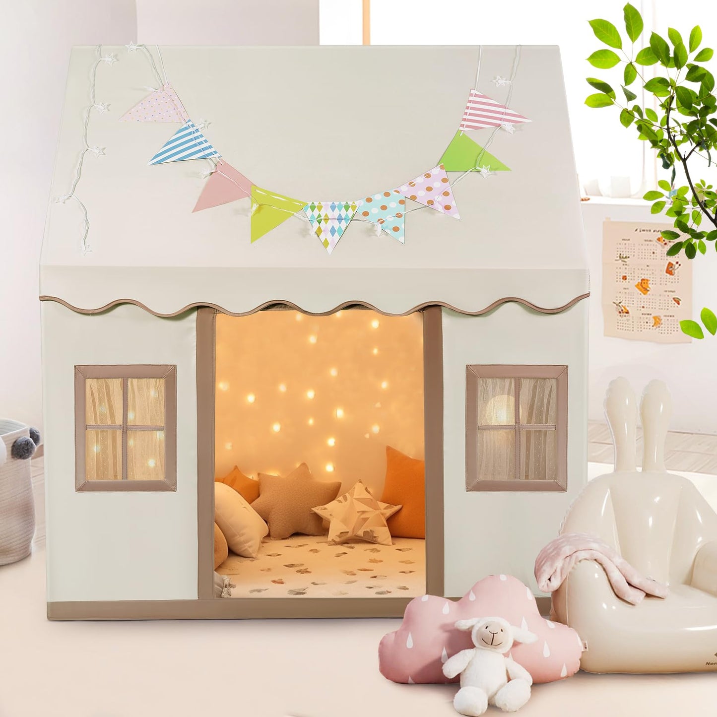 Rouwthio Kids Play Tent Play House Tent for kids for play and relaxation. Foldable kids indoor/outdoor tent with small windows, door curtains, and mat.