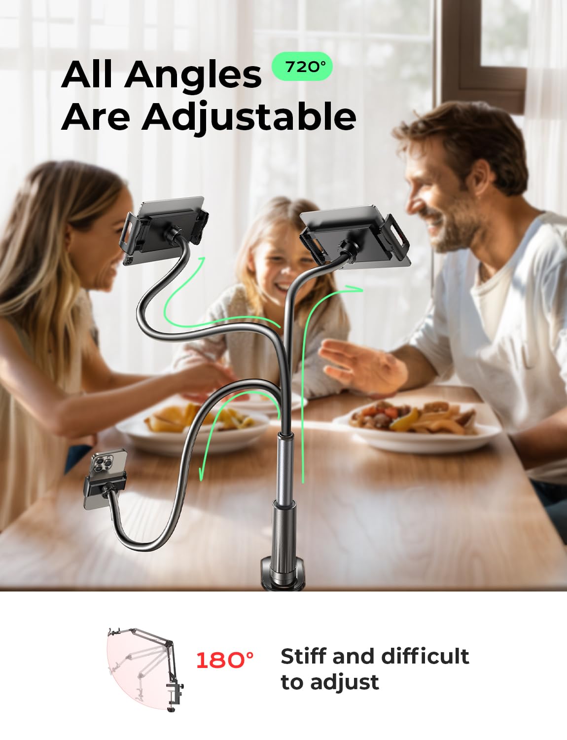 LISEN swan neck tablet holder for bed [2 clips] tablet stand 360° rotatable Kindle holder, universal tablet holder with iPhone 16 15 series iPad Pro Galaxy Tabs from 4 to 12.9 inch devices