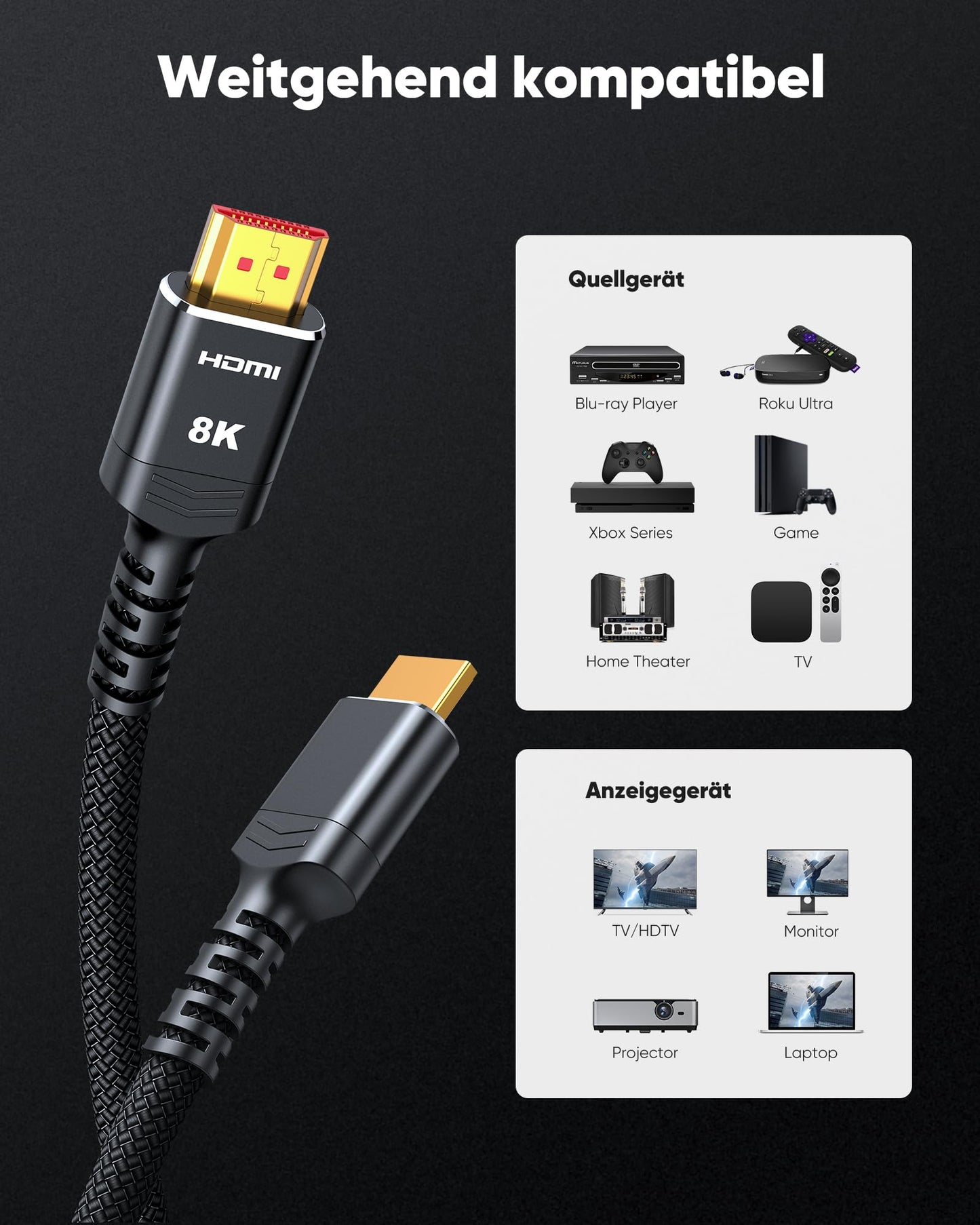 Highwings HDMI 2.1 Cable 7.5m 8K, 48Gbps Highspeed 8K@60Hz HDMI Cable 4K@120Hz 7680P eARC HDCP 2.2&2.3 DTS:X Dynamic HDR 10 Compatible with PS5/4/3 Soundbar HDTV Monitor