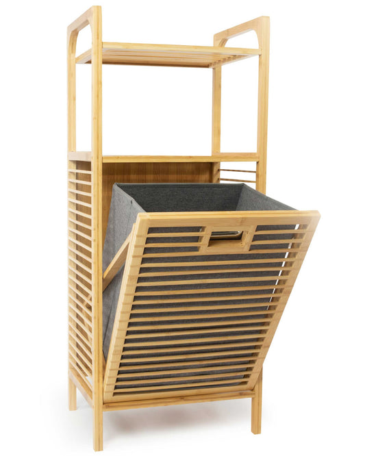 osoltus Edge laundry sorter - Bamboo bathroom shelf with foldable laundry basket - laundry cabinet - bathroom organizer - laundry sorting system - 40x30x90 cm