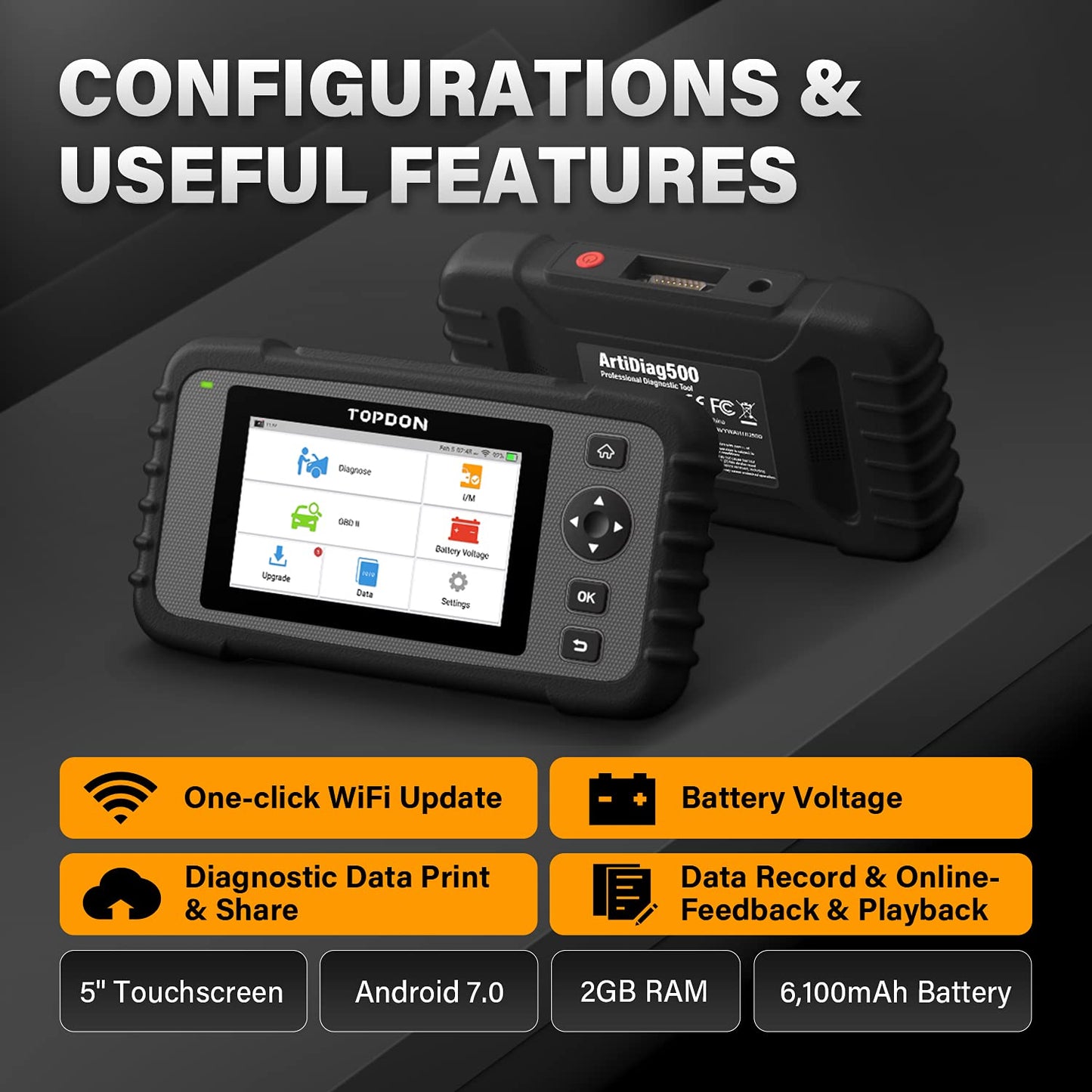 TOPDON OBD2 diagnostic tool ArtiDiag500 for engine/transmission/ABS/SRS, oil reset, steering angle sensor reset, throttle adaptation, free software upgrade, Android 7.0, wired connection.