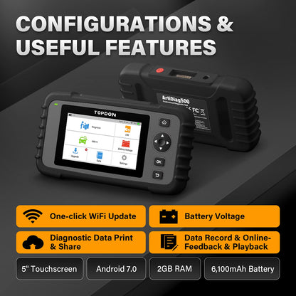 TOPDON OBD2 diagnostic tool ArtiDiag500 for engine/transmission/ABS/SRS, oil reset, steering angle sensor reset, throttle adaptation, free software upgrade, Android 7.0, wired connection.