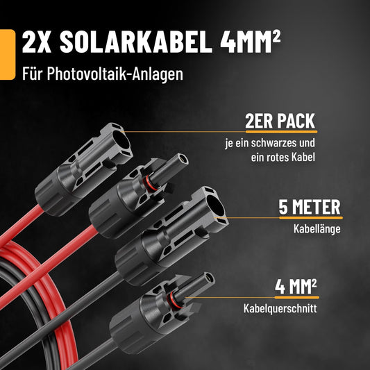 2X 5 meters of 4mm2 H1Z2Z2-K solar cable in black & red - UV-resistant PV cable for photovoltaic installation. Solar cable 4mm2 from ABSINA for easy mounting.