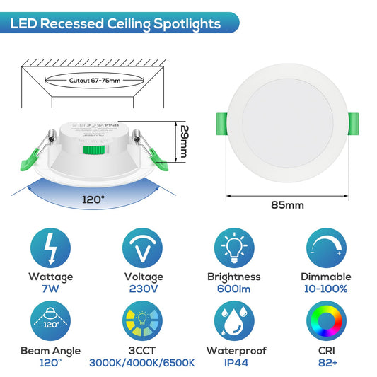 ALUSSO LIGHTING LED recessed spotlights 230V 7W Dimmable 68mm, IP44 recessed lights for bathroom kitchen, 3000K/4000K/6500K recessed spots, Round White 6er Set