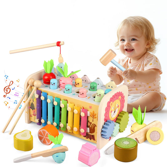 Montessori toy for 1 year old, 9 in 1 wooden children's toy motor skills toy hammering game stacking game gift for 12 months 2 3 year old kids boy girl toddler baby educational toy motor skills cube