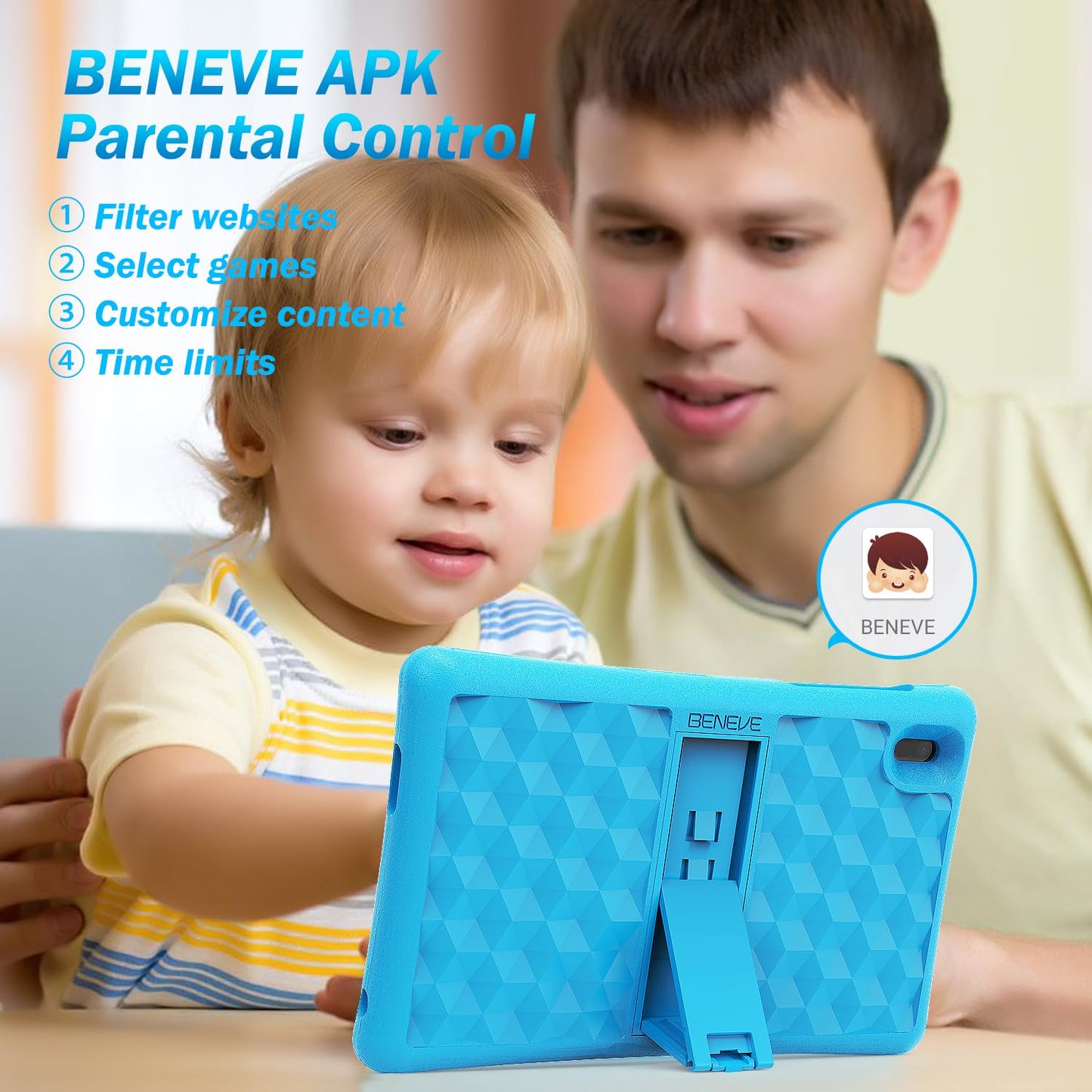 BENEVE Kids Tablet, 7-inch tablet for kids toddlers, Android kids tablet with 2GB+32GB, parental control, Bluetooth, WiFi, dual camera, pre-installed Google Play Store.