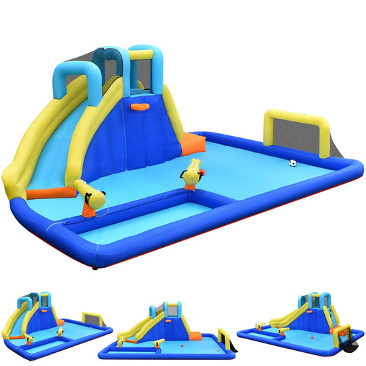 GOPLUS Inflatable Bounce House, Water Park with Slide & Climbing Wall & Water Gun & Soccer Goal, Kiddie Pool for Children 3-12 Years, Includes Carrying Bag, Repair Kit, 526x373x203cm (Excluding Blower)